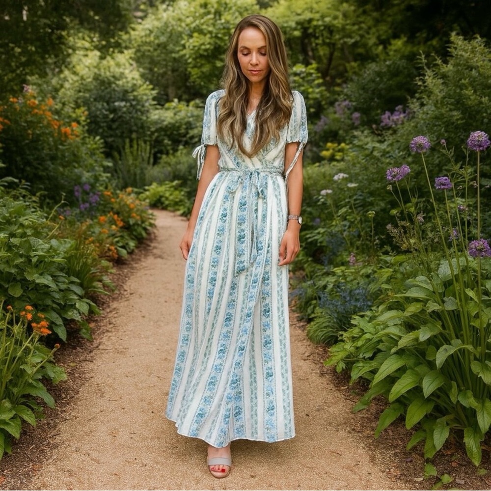 GAL MEETS GLAM Imogene Floral French Blue Stripe Wrap Maxi Dress Size 6